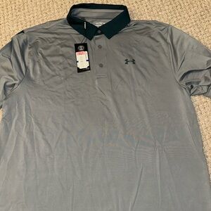 Under Armour gray golf polo with green contrasting collar